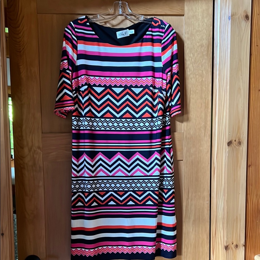 Eliza J Pink and Navy Sheath Dress 3/4 Sleeve Crew Neck Midi